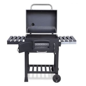 CosmoGrill Outdoor XL Charcoal Smoker BBQ Grill – Adjustable Charcoal Pan, Built-in Thermometer, 2 Side Tables, Chimney & Wheels – Portable Garden Barbecue Smoker
