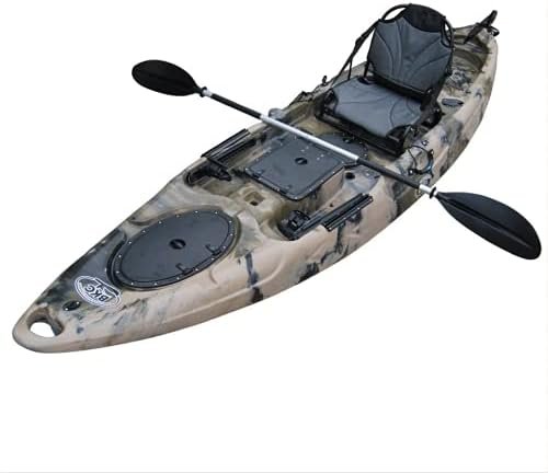 BKC RA220 11.5′ Sit-On-Top Angler Fishing Kayak – Green Camo with Paddles, Upright Chair & Rudder System