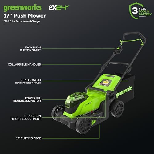 Greenworks 48V Brushless Cordless Push Lawn Mower – 17″ (43 cm) Deck, Dual 4.0 Ah Batteries & Rapid Charger, 45 Min Runtime - Image 58