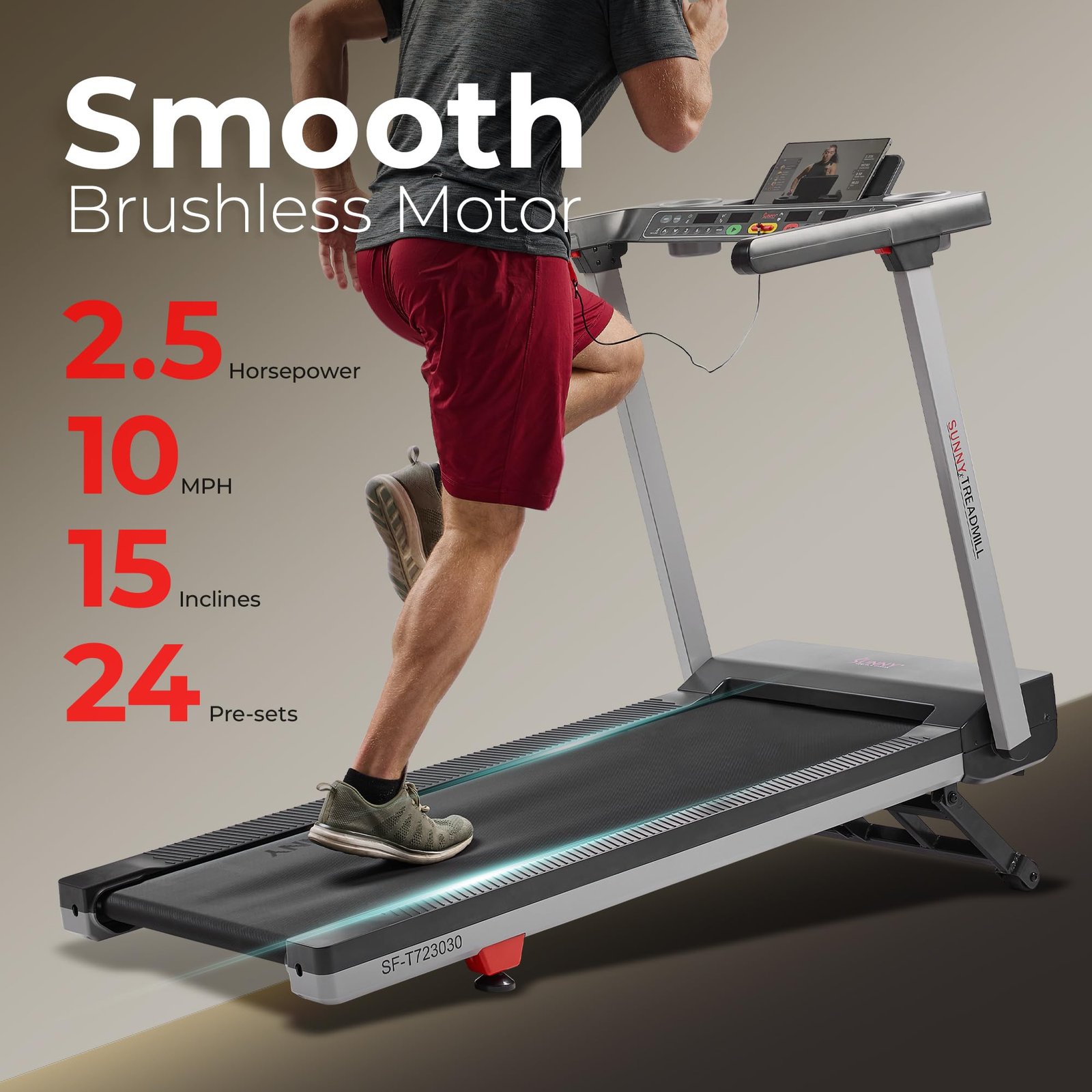 Sunny Health & Fitness Foldable Treadmill – 2.5 HP Brushless Motor, 0–16 km/h, 15-Level Auto Incline, 50 cm Deck, Bluetooth & SunnyFit App - Image 10