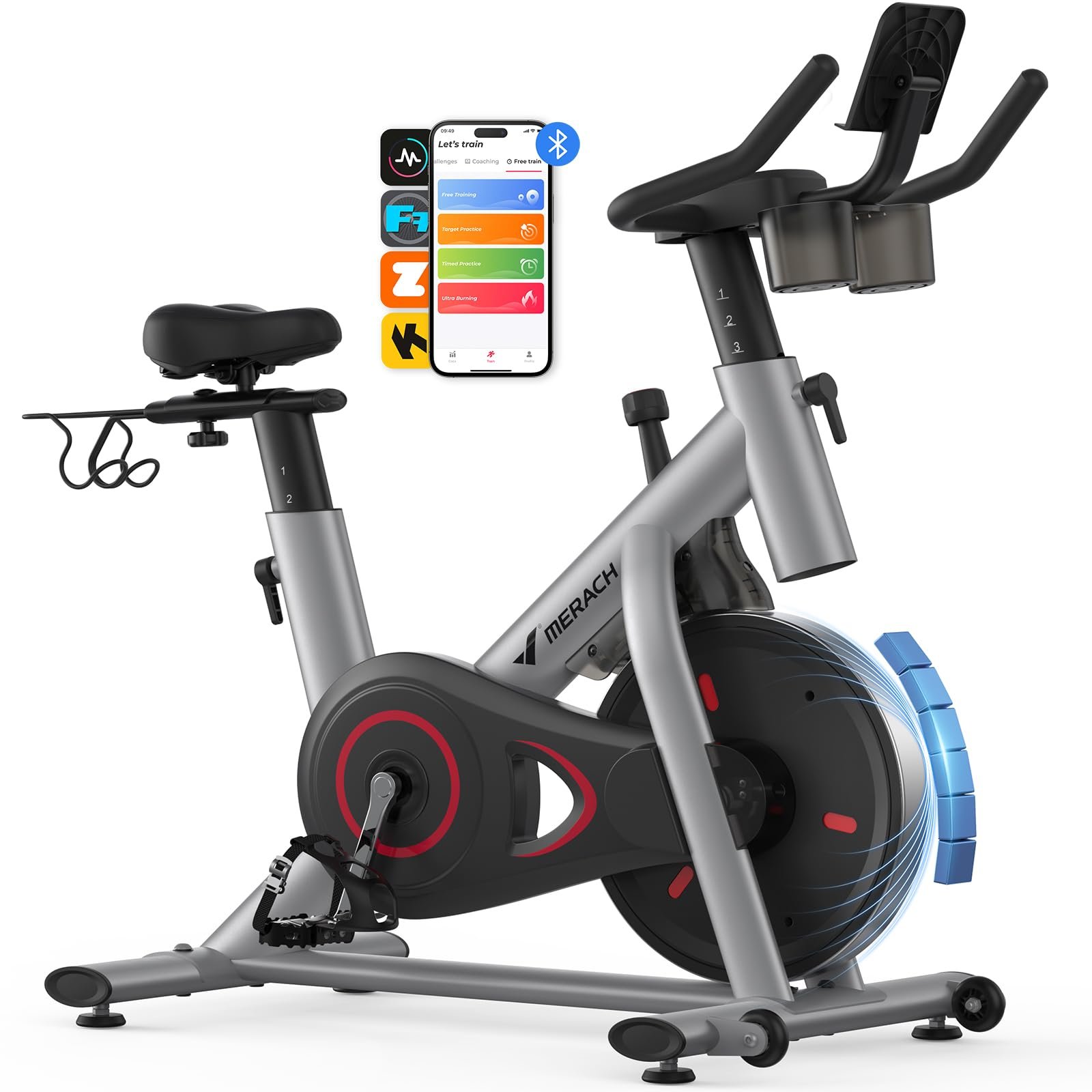 MERACH Stationary Exercise Bike – Quiet Belt-Drive Indoor Cycling with Bluetooth App, 300 lb Capacity, LED Monitor, Tablet Mount & Fitness Courses - Image 3