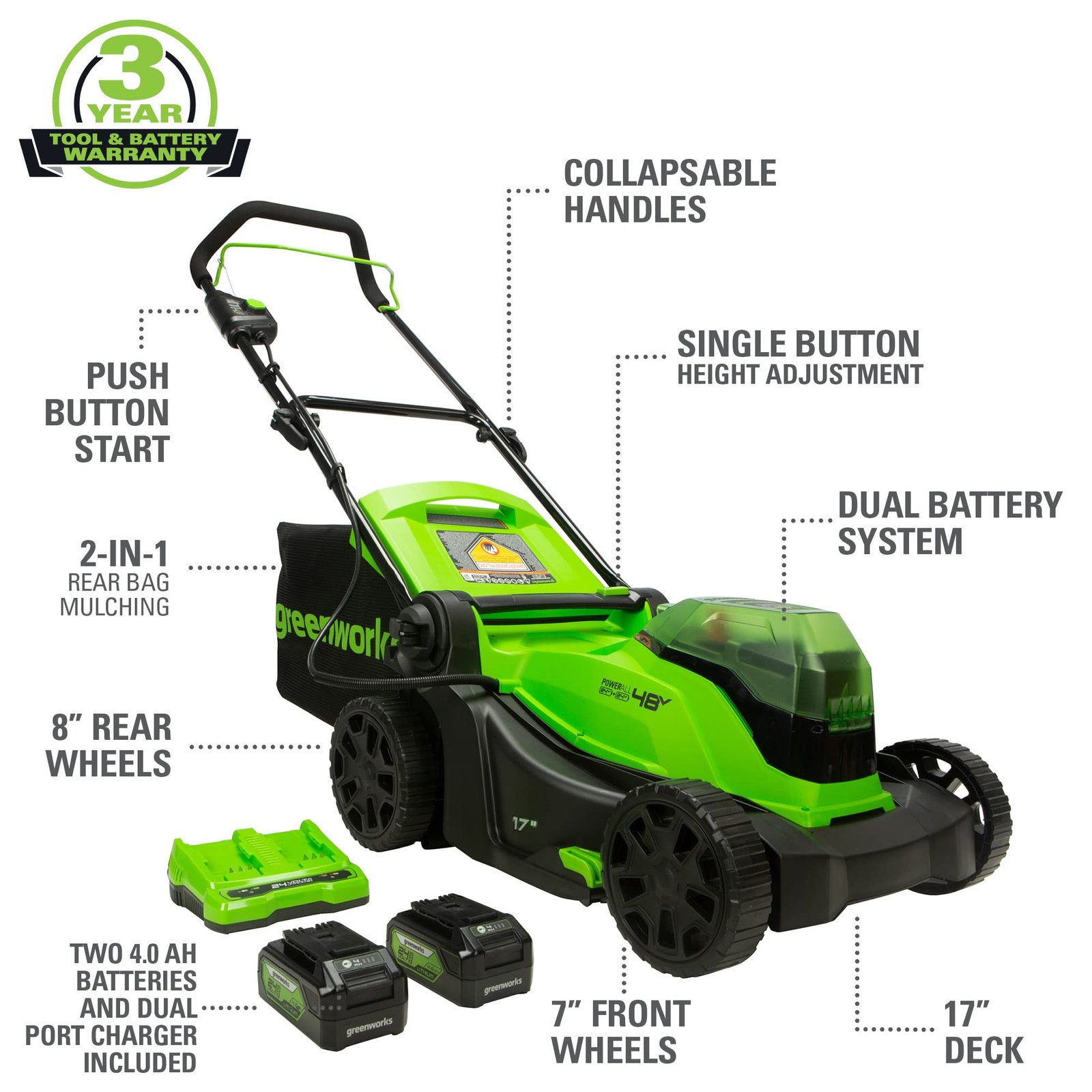 Greenworks 48V Brushless Cordless Push Lawn Mower – 17″ (43 cm) Deck, Dual 4.0 Ah Batteries & Rapid Charger, 45 Min Runtime - Image 72
