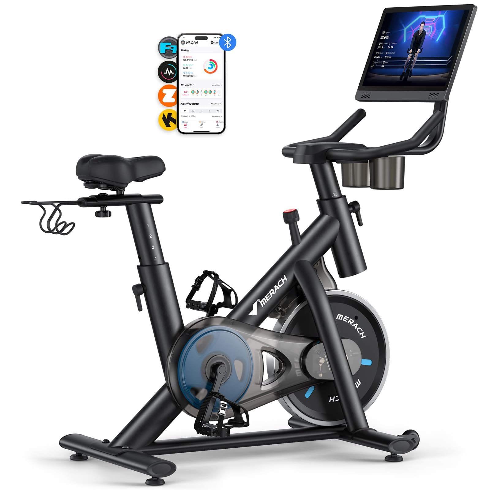 MERACH Stationary Exercise Bike – Quiet Belt-Drive Indoor Cycling with Bluetooth App, 300 lb Capacity, LED Monitor, Tablet Mount & Fitness Courses