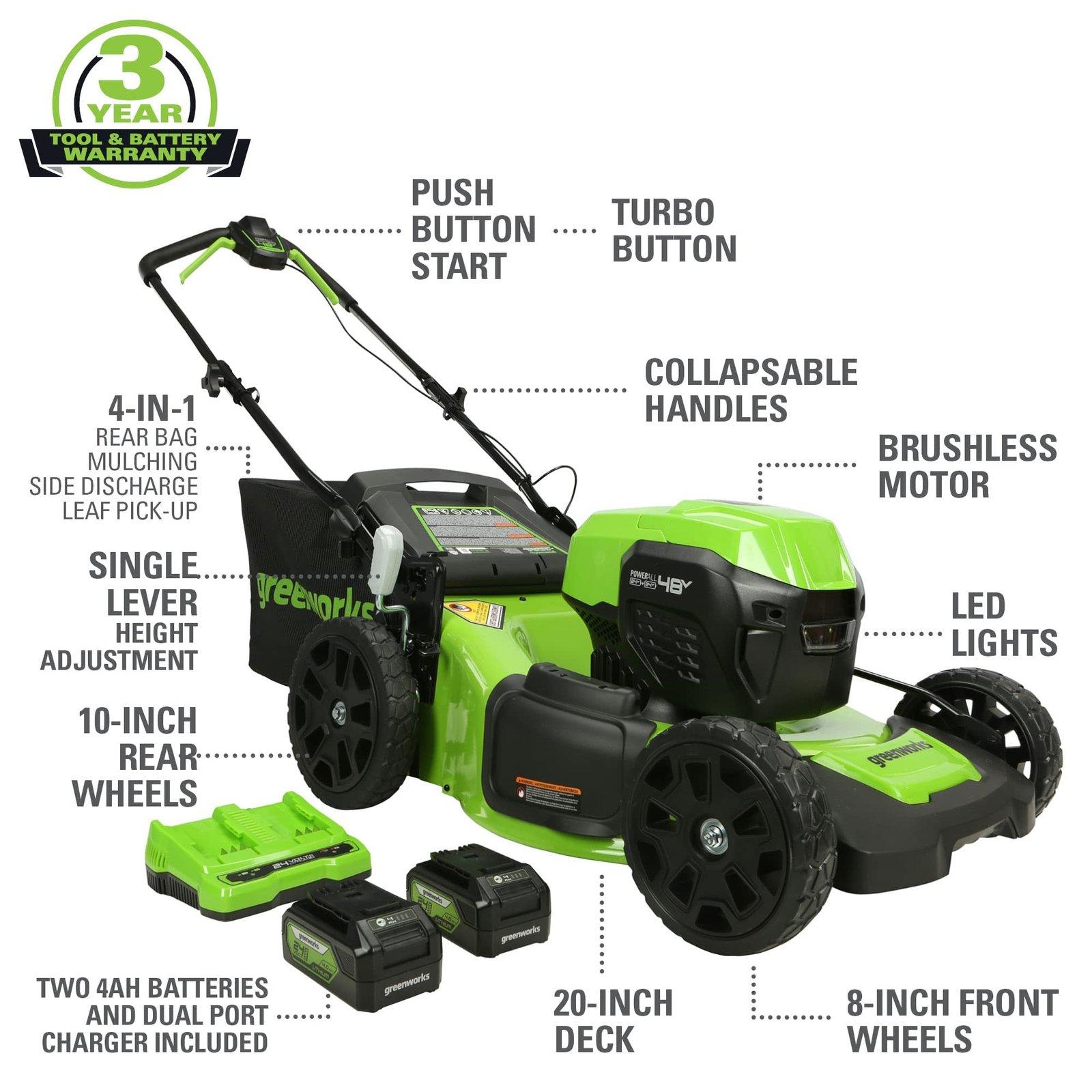 Greenworks 48V Brushless Cordless Push Lawn Mower – 17″ (43 cm) Deck, Dual 4.0 Ah Batteries & Rapid Charger, 45 Min Runtime - Image 90