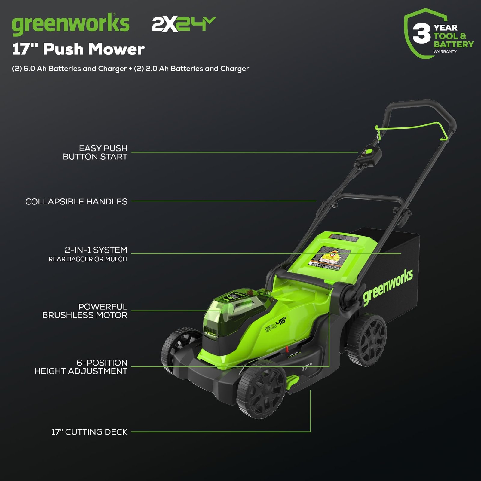 Greenworks 48V Brushless Cordless Push Lawn Mower – 17″ (43 cm) Deck, Dual 4.0 Ah Batteries & Rapid Charger, 45 Min Runtime - Image 12