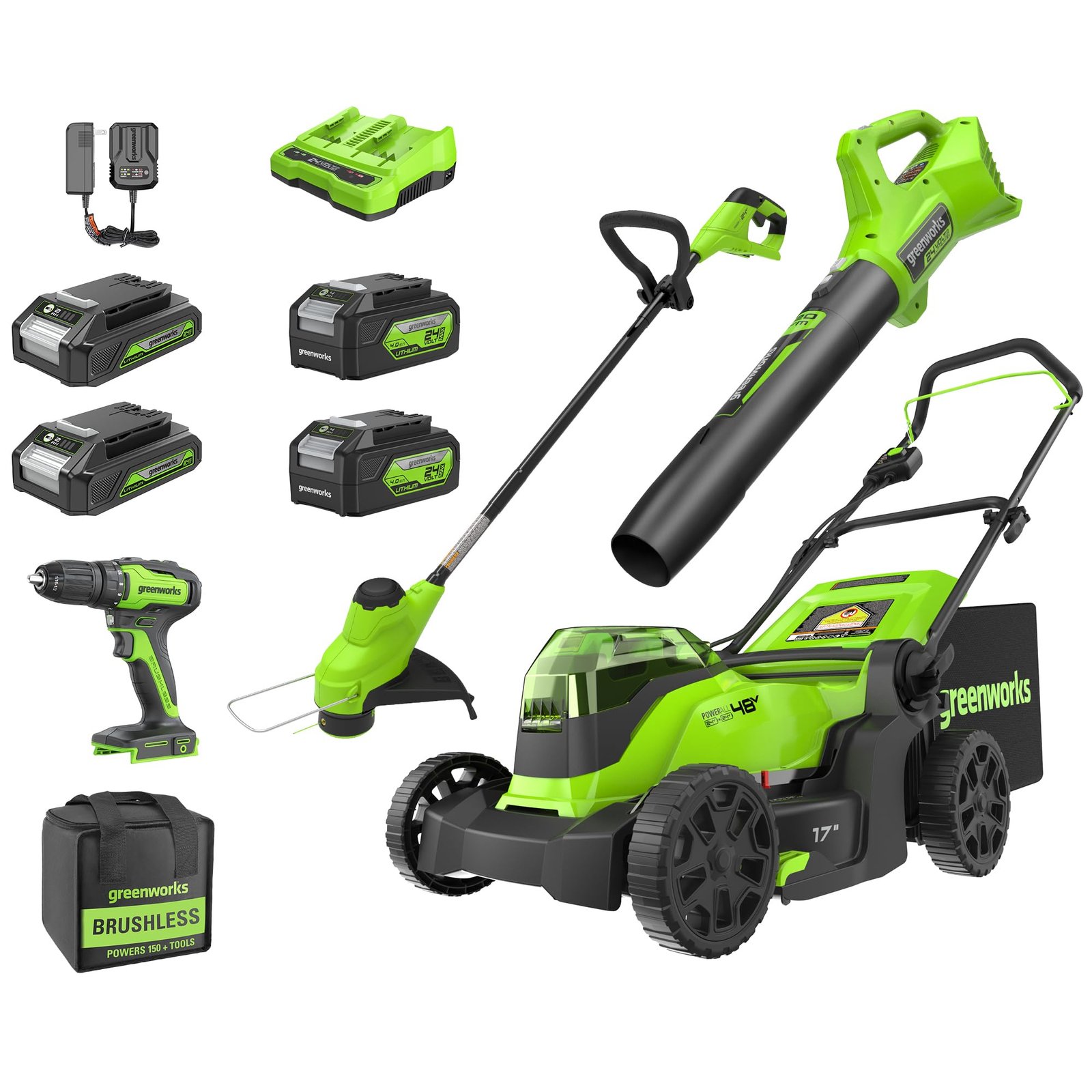 Greenworks 48V Brushless Cordless Push Lawn Mower – 17″ (43 cm) Deck, Dual 4.0 Ah Batteries & Rapid Charger, 45 Min Runtime