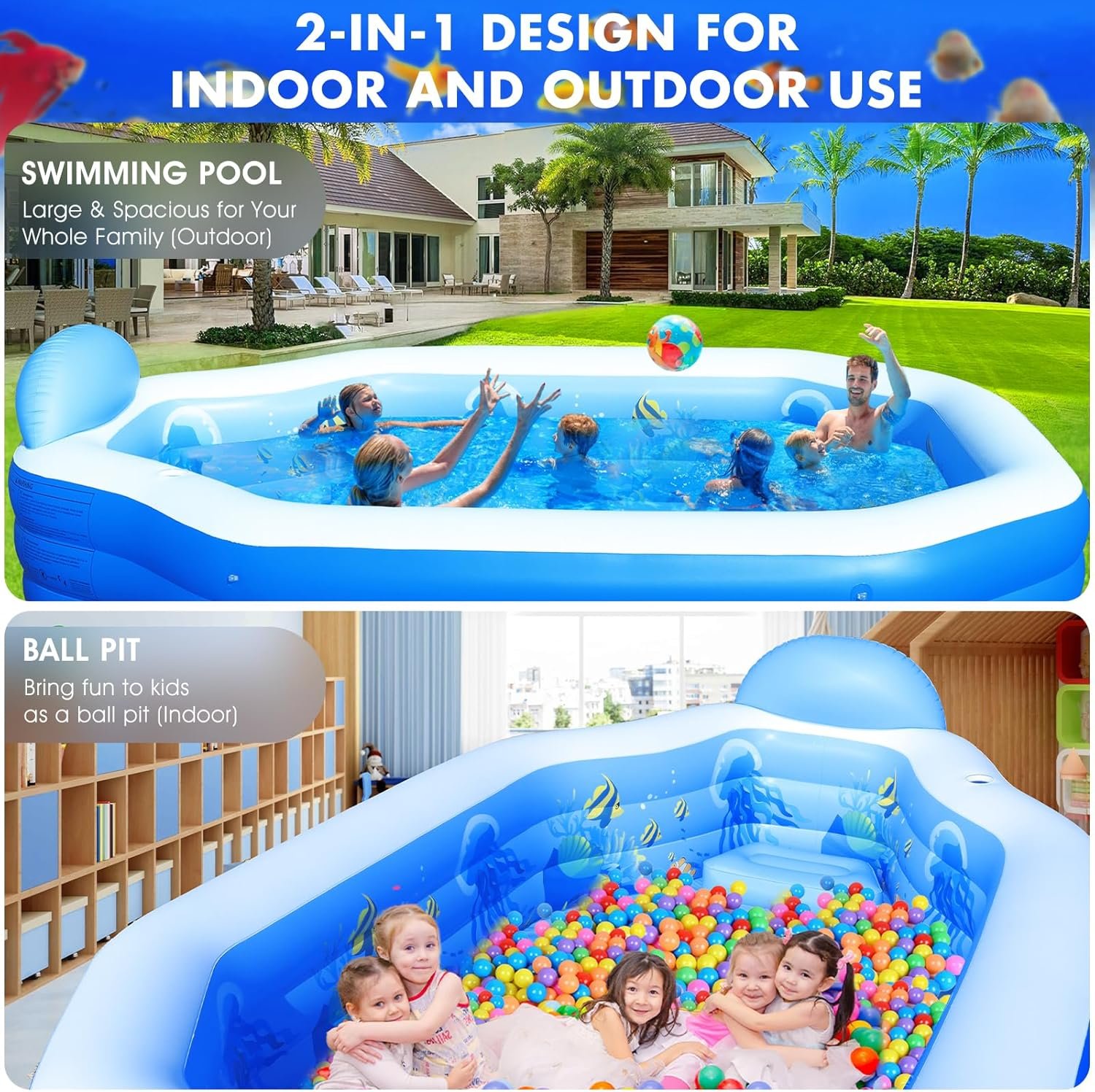 StarOcean 126" x 75" x 25" (320cm x 190cm x 64cm) Inflatable Pool with Canopy for Adults & Kids – Thick 0.6mm PVC, Built-in Seats, Backrests, and Ocean Print – Large Rectangular Blow-Up Family Pool for Backyard - Image 7