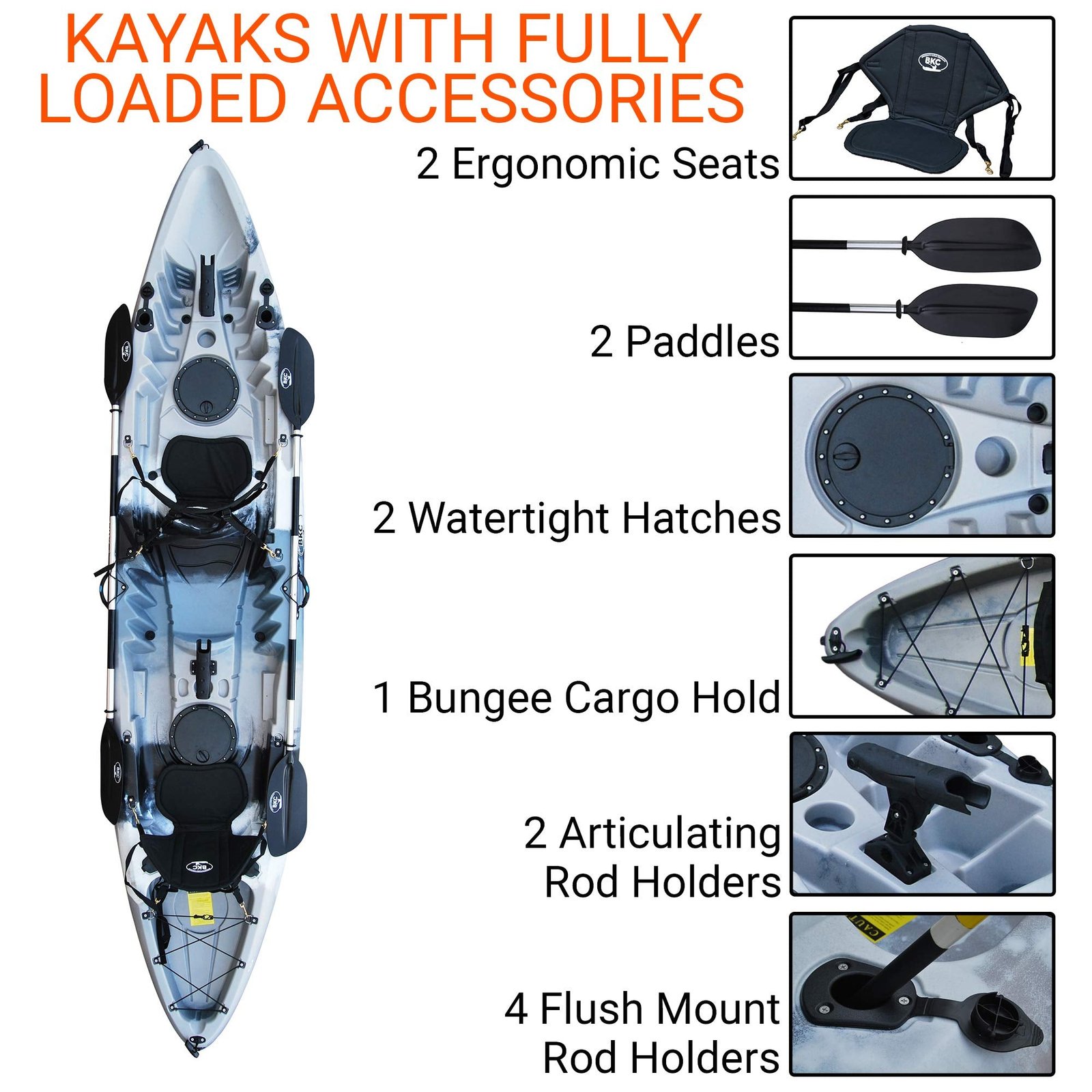 BKC Brooklyn 12.5 Tandem 12′ 8″ Sit-On-Top Fishing Kayak – 2-3 Person with Padded Seats & Paddles Included - Image 12