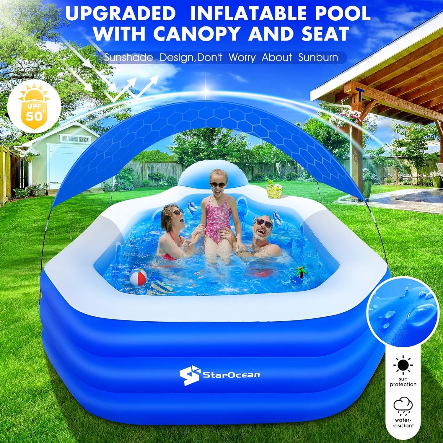 StarOcean 126" x 75" x 25" (320cm x 190cm x 64cm) Inflatable Pool with Canopy for Adults & Kids – Thick 0.6mm PVC, Built-in Seats, Backrests, and Ocean Print – Large Rectangular Blow-Up Family Pool for Backyard - Image 2