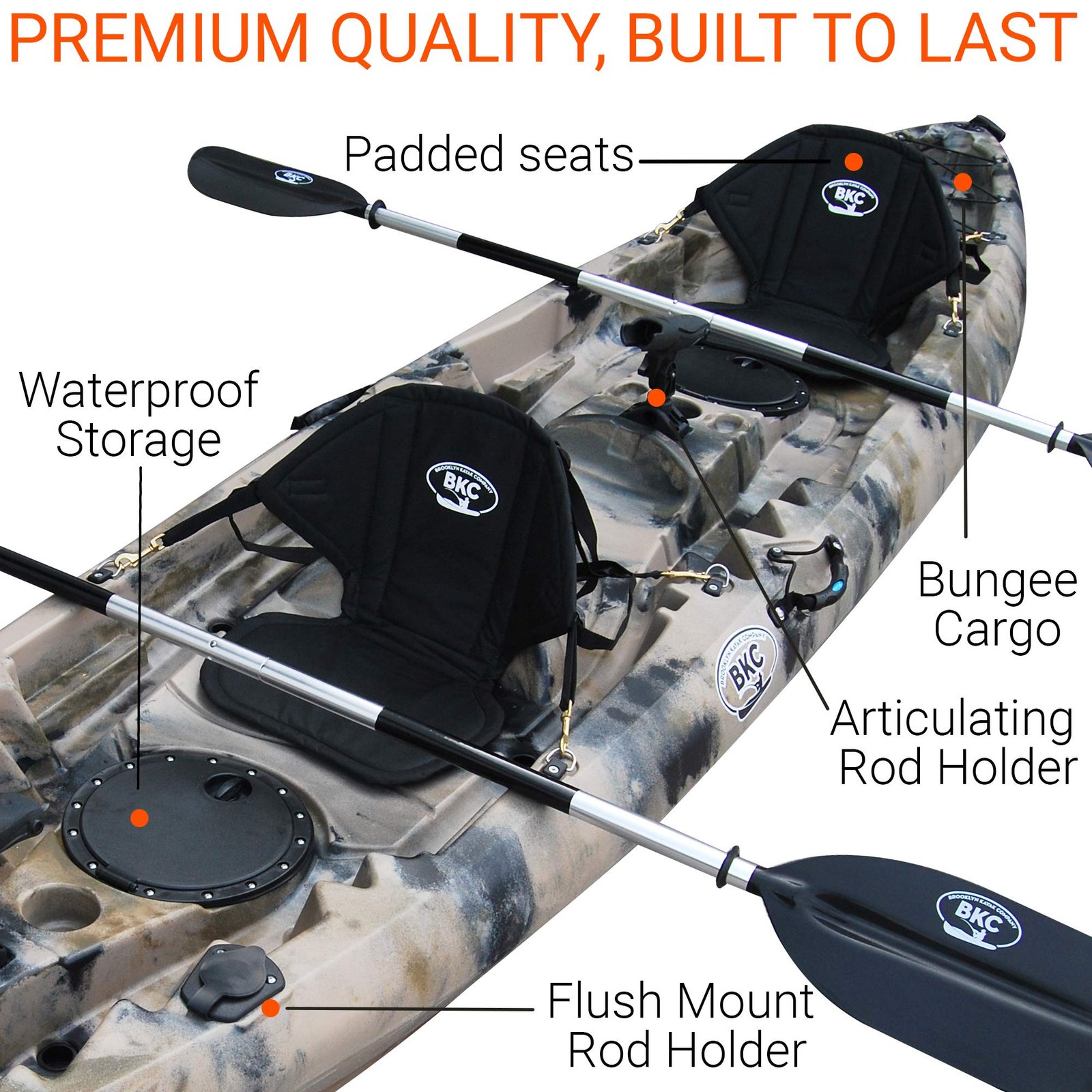 BKC Brooklyn 12.5 Tandem 12′ 8″ Sit-On-Top Fishing Kayak – 2-3 Person with Padded Seats & Paddles Included - Image 7