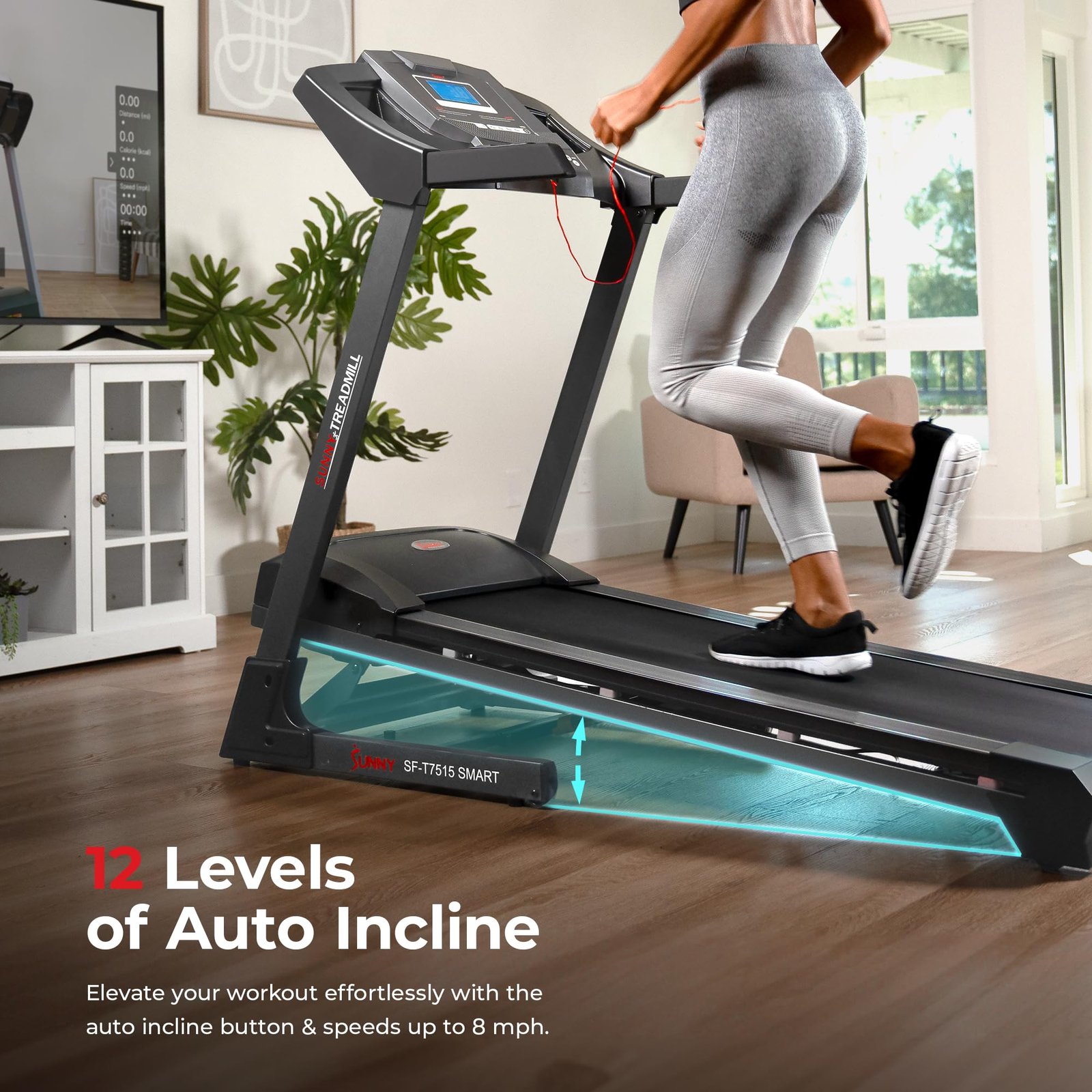 Sunny Health & Fitness Foldable Treadmill – 2.5 HP Brushless Motor, 0–16 km/h, 15-Level Auto Incline, 50 cm Deck, Bluetooth & SunnyFit App - Image 3
