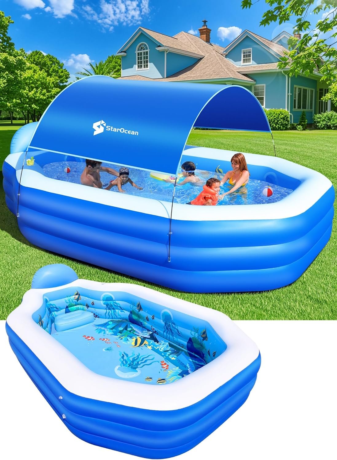 StarOcean 126" x 75" x 25" (320cm x 190cm x 64cm) Inflatable Pool with Canopy for Adults & Kids – Thick 0.6mm PVC, Built-in Seats, Backrests, and Ocean Print – Large Rectangular Blow-Up Family Pool for Backyard