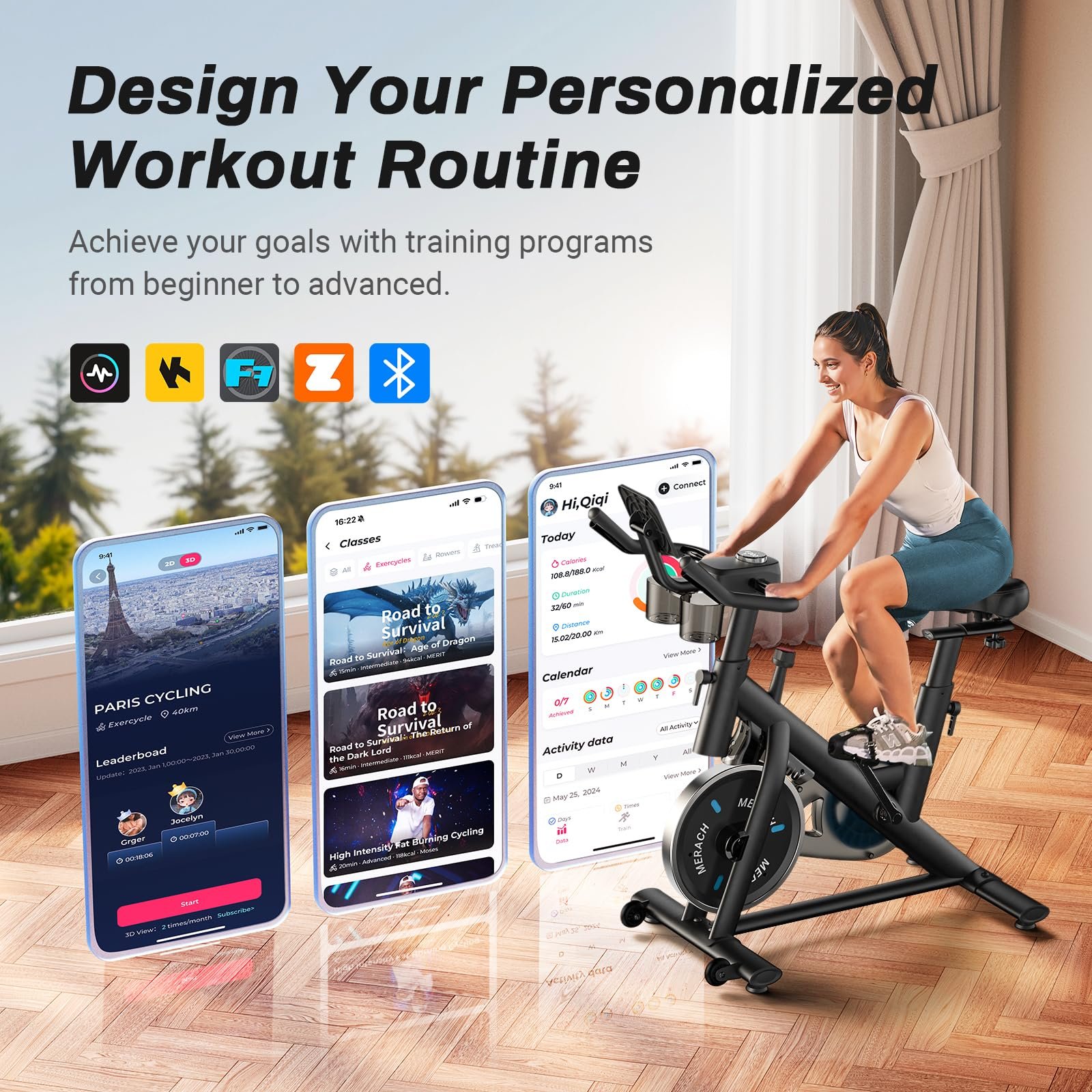 MERACH Stationary Exercise Bike – Quiet Belt-Drive Indoor Cycling with Bluetooth App, 300 lb Capacity, LED Monitor, Tablet Mount & Fitness Courses - Image 25