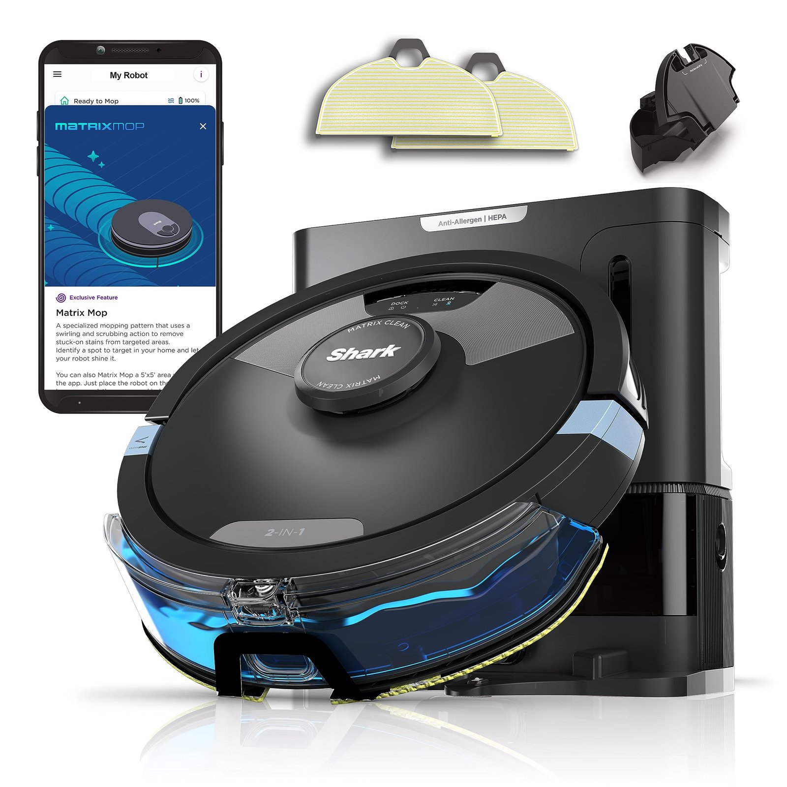 Shark Matrix Plus 2-in-1 Robot Vacuum & Mop with Sonic Mopping, Matrix Clean Navigation, Self-Empty HEPA Base, Precision Mapping, CleanEdge Technology, Pet Hair Removal, WiFi/App Control, RV2610WA