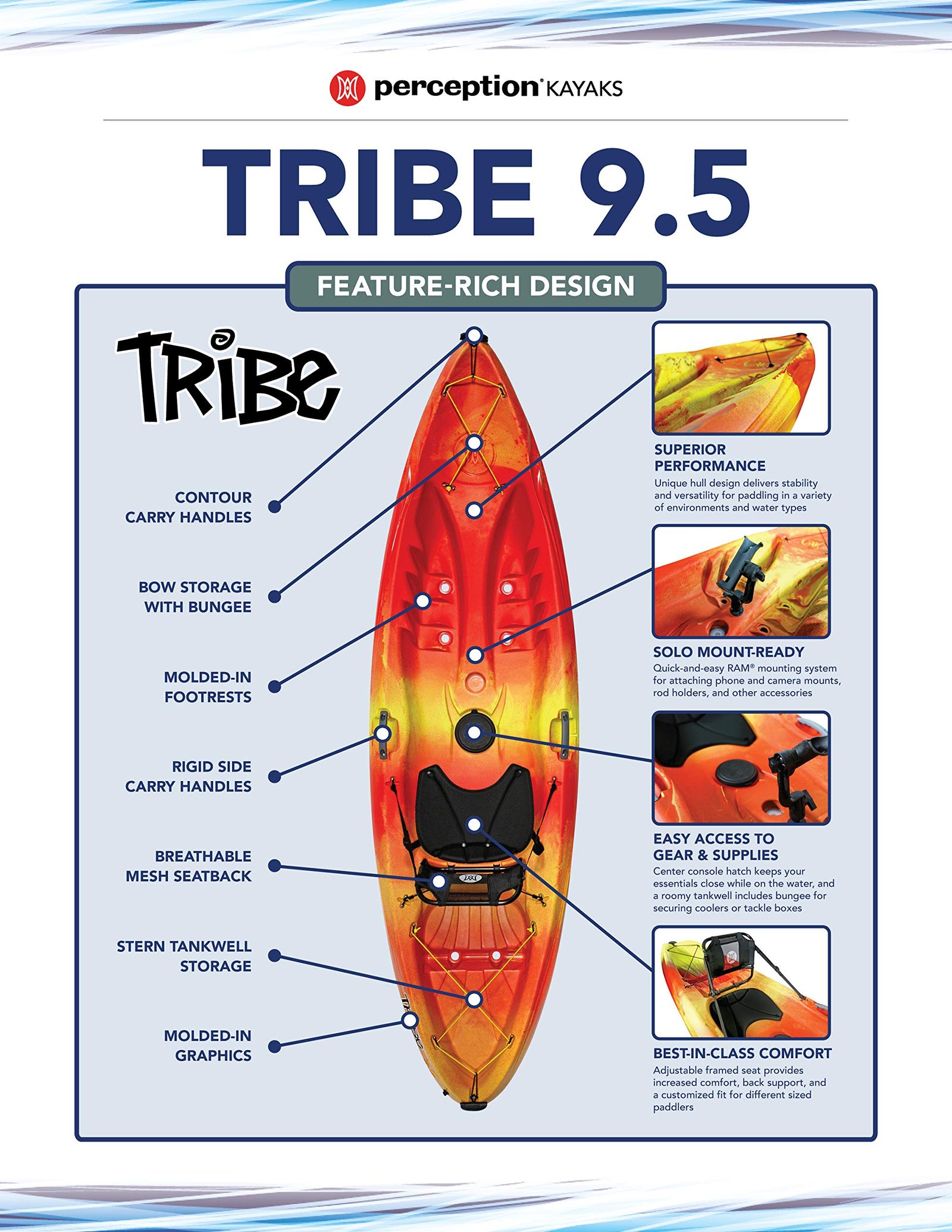 Perception Tribe 9.5′ Sit-On-Top Recreational Kayak – Adjustable Framed Seat & Ample Storage (Déjà Vu) - Image 20