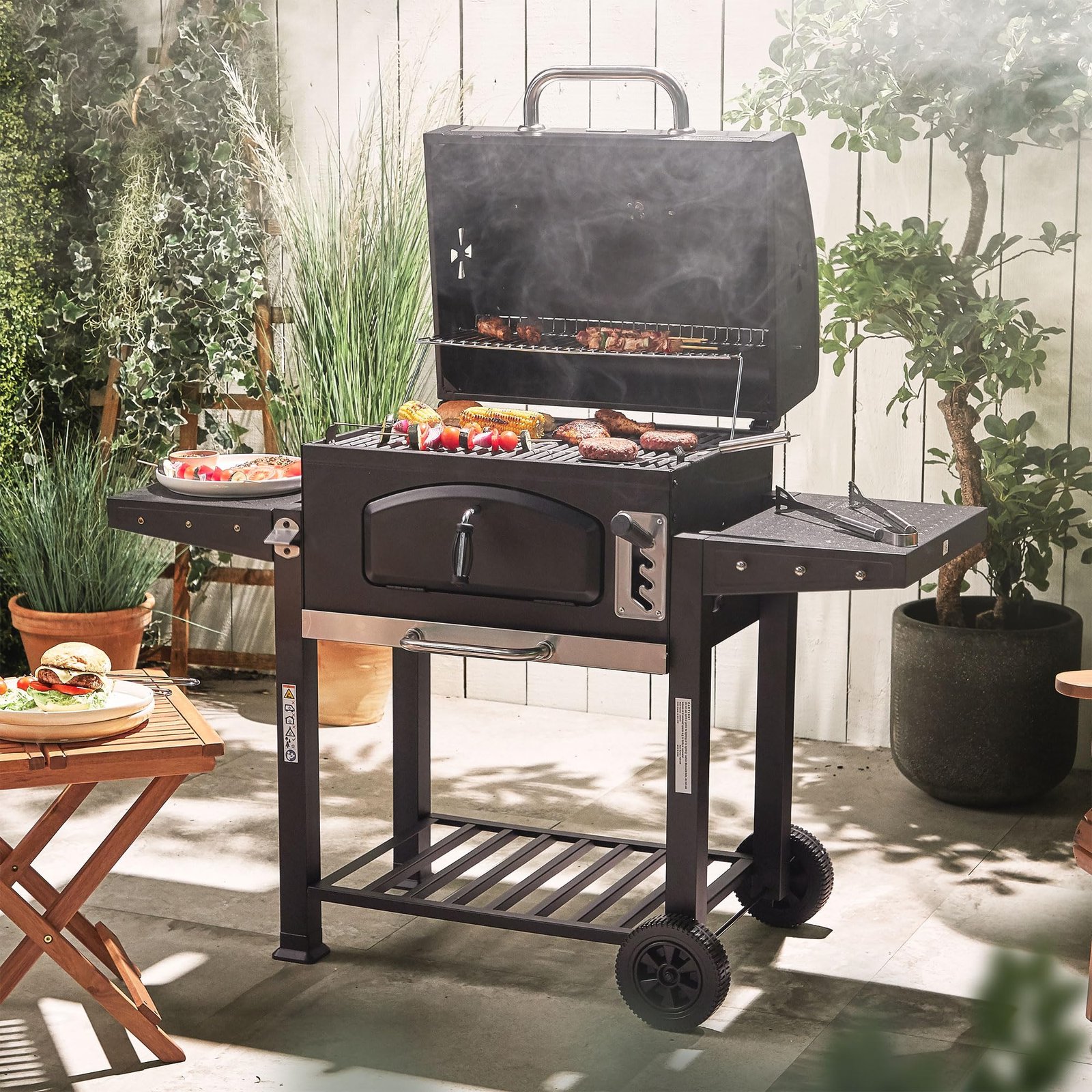 VonHaus XL Charcoal BBQ Grill & Smoker – Portable Barbecue with Warming Rack, Side Shelves, Wheels, Temperature Gauge – Outdoor Cooking for Meat, Fish & Veg - Image 3